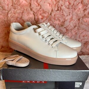 NIB Prada Caltazure Donna Low Top White & Pink Sneakers - Size 41